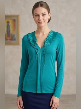 BCBG Max Azria Ruffle Front Blouse Teal Elegant Stretch Top Feminine Chic